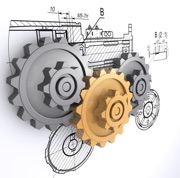 Two metallic gray and one golden gears against a background of engineering